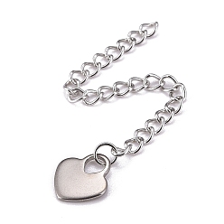 Stainless Steel Color 304 Stainless Steel Chain Extender, Curb Chain, with 202 Stainless Steel Charms, Heart, Stainless Steel Color, 59~65mm, Link: 3.7x3x0.5mm, Heart: 9.8x11x1mm