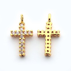 Chapado en Oro Real 18K Micro latón allanan zirconia cúbica colgantes cruz latina, sin cadmio y níque y plomo, real 18 k chapado en oro, 15.8x9x2.5 mm, agujero: 1 mm