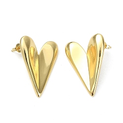 Настоящее золото 18K Латунные серьги-гвоздики в форме сердца для женщин, реальный 18 k позолоченный, 29x21 мм, штифты : 0.7 мм