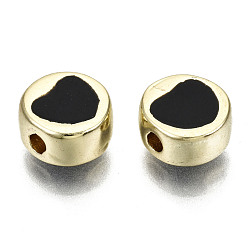 Black Alloy Enamel Beads, Cadmium Free & Lead Free, Flat Round with Heart, Light Gold, Black, 8x4mm, Hole: 1.5mm