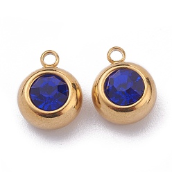 Sapphire 201 Stainless Steel Rhinestone Charms, Birthstone Charms, Flat Round, Golden, Sapphire, 13x10x6mm, Hole: 1.8mm