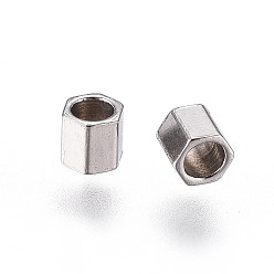 Color de Acero Inoxidable 304 de acero inoxidable perlas espaciadoras, hexágono, color acero inoxidable, 2x2x2 mm, agujero: 1.4 mm