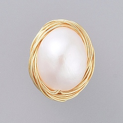 Seashell Color Natural Baroque Pearl Keshi Pearl, Cultured Freshwater Pearl Cabochons, with Real 18K Gold Plated Copper Wire, Oval, Seashell Color, 13x11x7mm