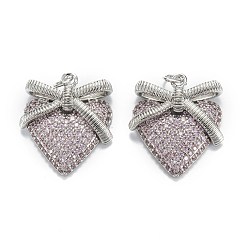Platinum Brass Micro Pave Cubic Zirconia Pendants, Long-Lasting Plated, Heart with Bowknot, Platinum, 24.5x20.5x5mm, Hole: 3.4mm, Jump Ring: 5x0.8mm