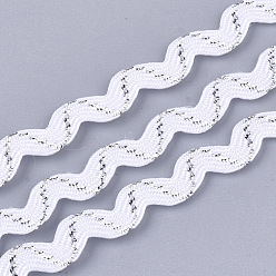 White Polypropylene Fiber Ribbons, with Golden Metallic Cord, Wave Shape, White, 7~8mm, 15yard/bundle, 6bundles/bag