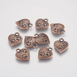 Red Copper Tibetan Style Alloy Pendants, Lead Free & Cadmium Free, Heart with Paw Print, Red Copper, 17x13x2mm, Hole: 3mm