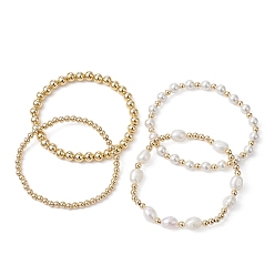 Золотой 4 шт. 4 стильный комплект эластичных браслетов из натурального жемчуга и латуни из бисера для женщин, золотые, внутренний диаметр: 2-3/8 дюйм (6.05 см), 1 шт / стиль