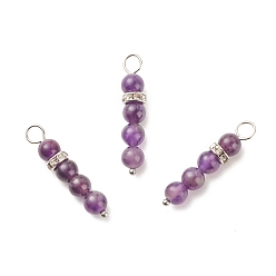 Amethyst Natural Amethyst Pendants, with Platinum Tone Brass Crystal Rhinestone Spacer Beads, 30~34x6.5mm, Hole: 3.3mm