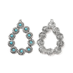 Antique Silver Alloy Pendants, with Synthetic Turquoise, Teardrop Frame Charms, Antique Silver, 49x34x3mm, Hole: 1.6mm