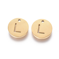 Letter L 304 Stainless Steel Charms, Ion Plating (IP), Flat Round, Letter.L, 10x1.5mm, Hole: 1mm