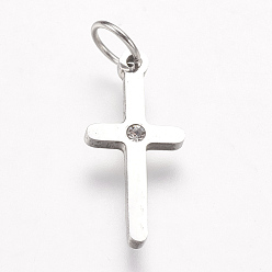 Stainless Steel Color 316 Surgical Stainless Steel Pendants, with Rhinestone, Cross, Stainless Steel Color, 16.5x8x1.5mm, Hole: 3.5mm