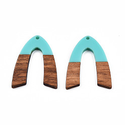 Turquoise Pendentifs en résine opaque et bois de noyer, charme en forme de v, turquoise, 38x29x3mm, Trou: 2mm