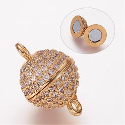 Golden Brass Micro Pave Cubic Zirconia Magnetic Clasps with Loops, Round, Golden, 16x10mm, Hole: 1.5mm