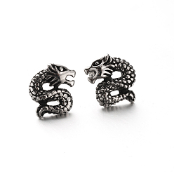 Antique Silver Retro 304 Stainless Steel Dragon Ear Studs, Hypoallergenic Earrings, Antique Silver, 15x12.5mm, Pin: 0.8mm