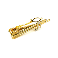 Golden Brass Tie Clips, with Cable Chains, Musical Note, Golden, 66x17.5mm