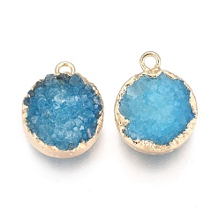 Dark Cyan Natural Druzy Agate Pendants, with Real 18K Gold Plated Brass Finding, Long-Lasting Plated, Flat Round, Dyed, Dark Cyan, 18~20x14x5~10mm, Hole: 2~3mm