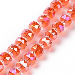 Orange Red Transparent Electroplate Glass Beads Strands, AB Color Plated, Faceted, Rondelle, Orange Red, 7.5x5mm, Hole: 1.4mm, about 80pcs/strand, 22.83''(58cm)