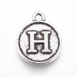 Letter H Tibetan Style Alloy Charms, Flat Round with Letter, Antique Silver, Letter.E, 15x12.5x2mm, Hole: 1.5mm