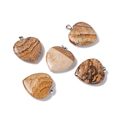 Jaspe Image Image Naturel jaspe pendentifs, avec les accessoires en laiton de tonalité de platine, charme coeur, 27~28x25x7mm, Trou: 7x4mm