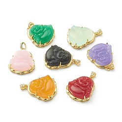 Mixed Color Brass Micro Pave Clear Cubic Zirconia Pendants, with Dyed & Heated Natural Agate, Laughing Buddha, Golden, Mixed Color, 33.5x27x11mm, Hole: 3x3mm