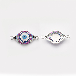 Real Platinum Plated Brass Micro Pave Cubic Zirconia Links connectors, with Enamel, Nickel Free, Evil Eye, Colorful, Real Platinum Plated, 7.5x26x4mm, Hole: 1.5mm