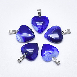 Bleu Pendentifs en agate à bandes naturelles / agate à rayures, teint, avec cliquet en acier inoxydable, cœur, couleur inox, bleu, 22~24x20~21x5~7mm, Trou: 3~4x7~8.5mm