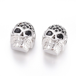 Real Platinum Plated Brass Micro Pave Cubic Zirconia Beads, Long-Lasting Plated, for Halloween, Skull Head, Black, Real Platinum Plated, 12.5x9.5x7mm, Hole: 2x2.5mm