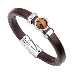 Tiger Eye Natural Tiger Eye Flat Round Link Bracelet with Imitetion Leather Cords and Metal Magnetic Clasps, 9-1/4 inch(23.5cm)