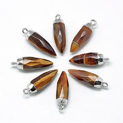 Tiger Eye Natural Tiger Eye Pointed Pendants, with Brass Findings, Faceted, Bullet, Platinum, 25~27x8mm, Hole: 2mm