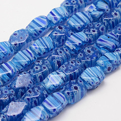 Blue Handmade Millefiori Glass Bead Strands, Faceted, Cuboid, Blue, 13~14x8~10x8~10mm, Hole: 1mm, about 26~27pcs/strand, 14.8 inch
