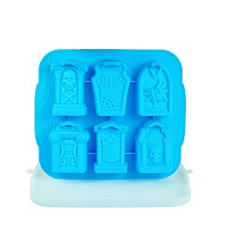 Deep Sky Blue Halloween Theme Tombstone Silicone Mold, Ice Cube Mold, with Lid, Deep Sky Blue, 215x180x40mm
