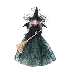 Sea Green Cloth Witch Tree Top Star Doll Ornament, for Halloween Home Party Decorations, Witch with Spider Web Dress, Sea Green, 285x210mm