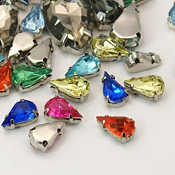 Mixed Color Sew on Rhinestone, Multi-strand Links, Multi-strand Links, Acrylic Rhinestone, with Brass Prong Settings, Garments Accessories, teardrop, Platinum Metal Color, Mixed Color, 13x8x5.5mm, Hole: 1mm