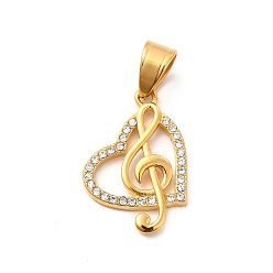 Golden 304 Stainless Steel Crystal Rhinestone Pendants, Heart & Music Note Charm, Music Lover Charm, Golden, 26x18x3mm, Hole: 7x5mm