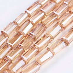 Coral Electroplate Glass Beads Strands, Pearl Luster Plated, Faceted, Cuboid, Coral, 6.5~7x3~3.5x3~3.5mm, Hole: 0.5mm, about 80pcs/strand, 20.6~22 inch(52.5~56cm)