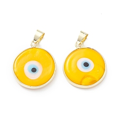 Gold Handmade Evil Eye Lampwork Pendants, with Rack Plating Light Gold Tone Brass Findings, Long-Lasting Plated, Lead Free & Cadmium Free, Flat Round, Gold, 24~25.5x20.5~21x4~4.5mm, Hole: 6x4~4.5mm