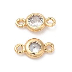 Real 18K Gold Plated Brass Connector Charms, with Clear Glass, Flat Round, Real 18K Gold Plated, 5.5x10.5x2.2mm, Hole: 1.2mm