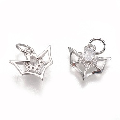 Platinum Brass Micro Pave Cubic Zirconia Charms, Long-Lasting Plated, Bat, Clear, Platinum, 11x12.5x4mm, Hole: 3.5mm