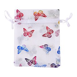 White Rectangle Printed Organza Drawstring Bags, Colorful Butterfly Pattern, White, 12x9cm