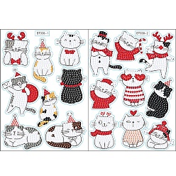 Cat Shape DIY Christmas Theme Diamond Painting Sticker Kits, including PVC Self Adhesive Sticker, Resin Rhinestones, Diamond Sticky Pen, Tray Plate and Glue Clay, Cat Pattern, 180x130mm, 2 sheets