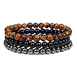 Œil De Tigre 3pcs 3 style œil de tigre naturel & agate noire & hématite ensemble de bracelets extensibles à perles rondes, bracelets empilables de pierres précieuses pour femme, large: 6 mm, 7-1/4~7-1/2 pouce (18.5~19 cm), 1 pc / style