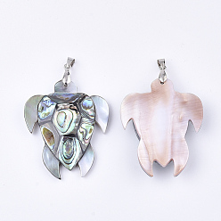 Colorful Shell Pendants, with Brass Findings, Sea Turtle, Platinum, Colorful, 48~52x39~42x9mm, Hole: 6x4mm
