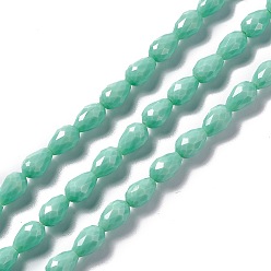 Medium Aquamarine Faceted Glass Beads Strands, Teardrop, Medium Aquamarine, 12x8~9mm, Hole: 1.2mm, about 57pcs/strand, 23.74''(60.3cm)