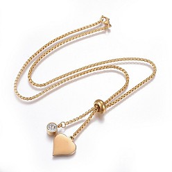 Golden 304 Stainless Steel Pendant Necklaces, with Box Chain, Rhinestone and Lobster Claw Clasps, Heart, Golden, 19.09 inch(48.5cm)