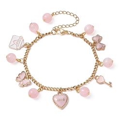 Pink Bracelet à breloques en alliage d'émail et de résine pour la Saint-Valentin, bracelets cœur & rose & lèvres avec 304 chaînes en acier inoxydable, rose, 7-3/8 pouce (18.7 cm), extenseur de chaîne: 64 mm