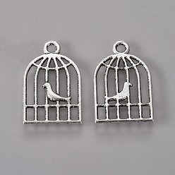 Antique Silver Tibetan Style Alloy Pendants, Cadmium Free & Lead Free, Bird in Cage, Antique Silver, 19x12x1mm, Hole: 1.5mm