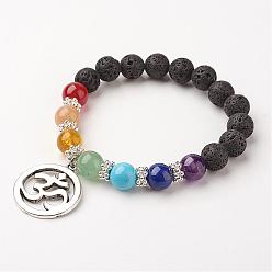 Mixed Stone Gemstone Bead Charm Bracelets, Chakra Stretch Bracelets, with Alloy Findings, Ring with Om Symbol, Colorful, 58mm(2-1/4 inch)