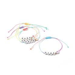 Couleur Mélangete Bracelets de perles tressés en fil de nylon réglable, avec perles en laiton et perles acryliques opaques, avec le mot, couleur mixte, diamètre intérieur: 1/2~5 pouce (1.4~12.7 cm)
