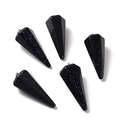 Blue Goldstone Synthetic Blue Goldstone Pendants, with Platinum Plated Brass Findings, Faceted, Cone, 35~36x13~14x12~12.5mm, Hole: 2.7x6.5mm