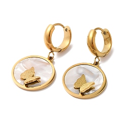 Oro Aretes colgantes con mariposa de concha sintética, chapado de iones (ip) 304 joyas de acero inoxidable para mujer, dorado, 35 mm, pin: 1 mm